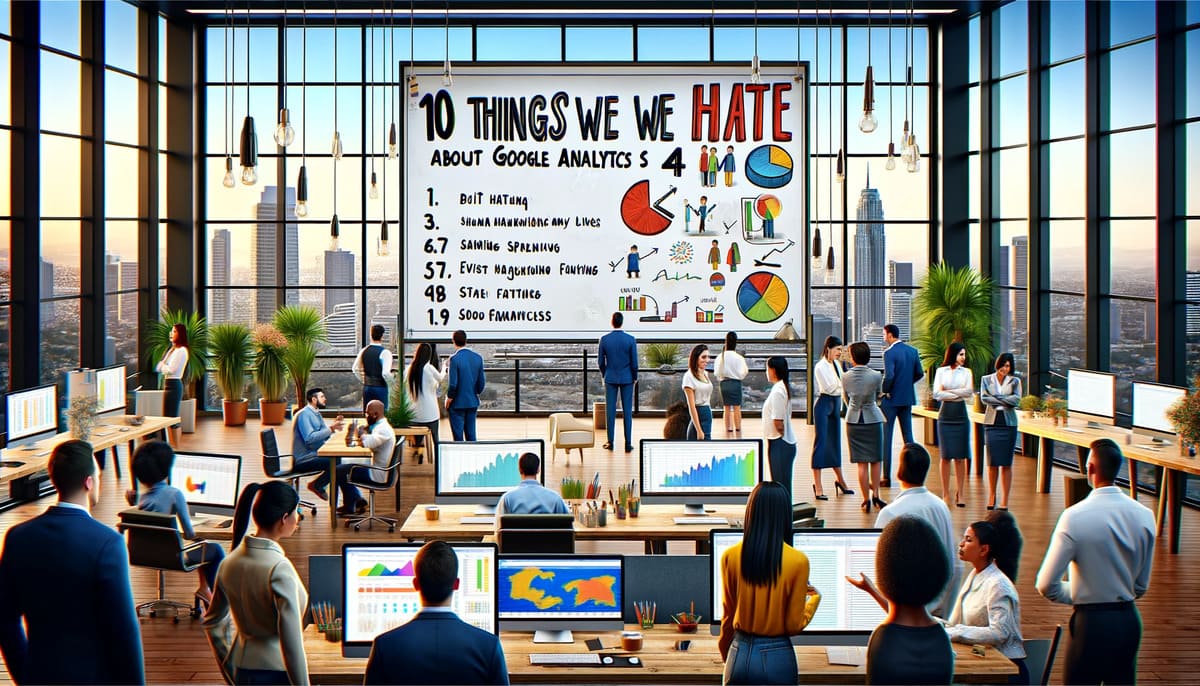 Dall·e 2024 05 05 17.46.47 A Creative And Detailed Digital Illustration Depicting A Modern Office Environment With A Large Whiteboard Listing '10 Things We Hate About Google Ana