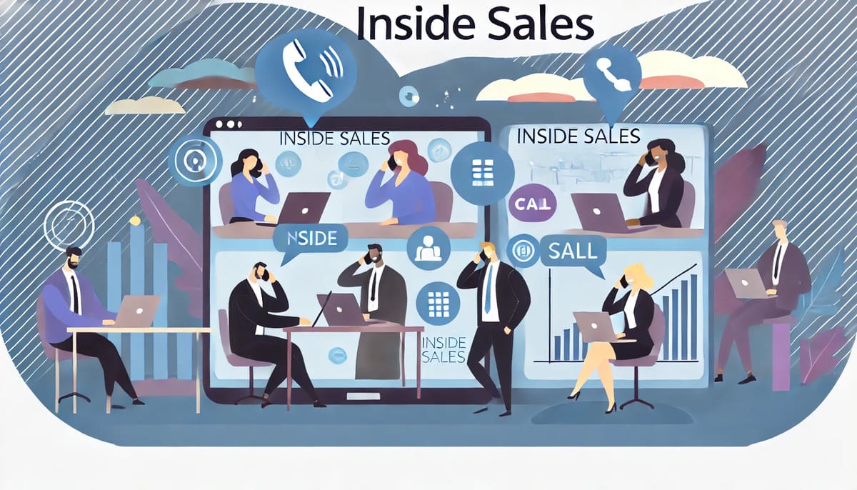 Illustration of virtual inside sales team connecting with clients via video calls and data tools.