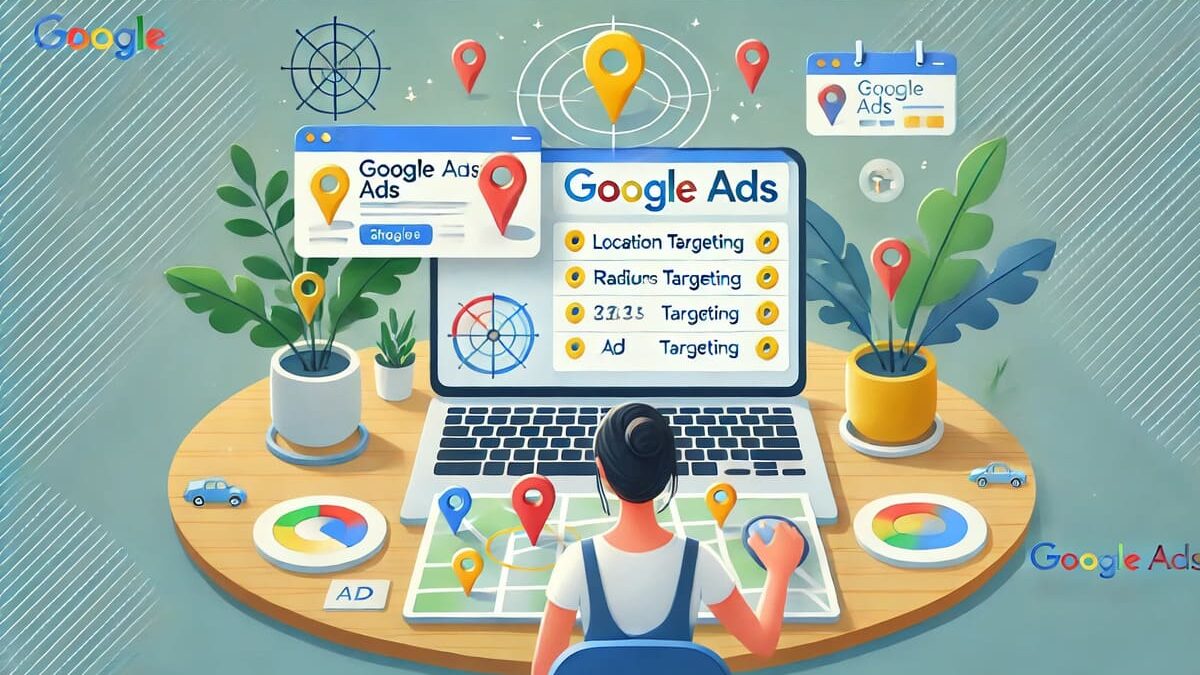 Business owner checking Google Ads dashboard with location targeting settings on a laptop.