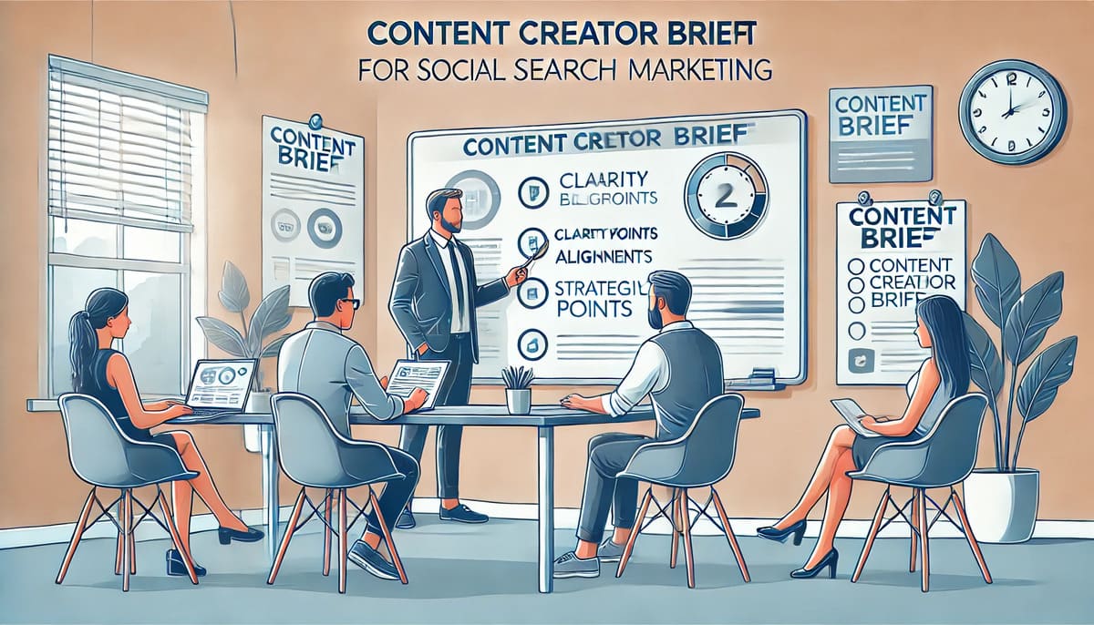 Collaborative workspace with a marketer discussing a content brief with a content creator, symbolizing strategy alignment.