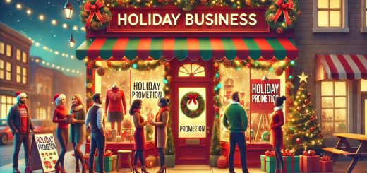 A festive small business storefront decorated for the holiday season, with customers interacting and holiday promotions displayed.