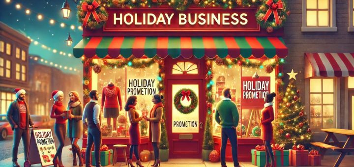 A festive small business storefront decorated for the holiday season, with customers interacting and holiday promotions displayed.