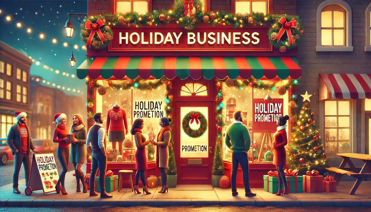 A festive small business storefront decorated for the holiday season, with customers interacting and holiday promotions displayed.