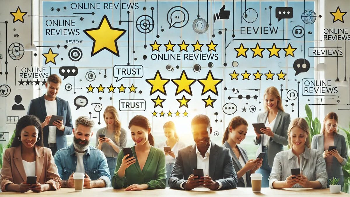 Customers leaving online reviews on mobile devices for a business.