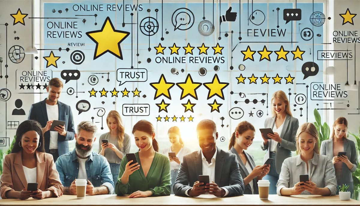 Customers leaving online reviews on mobile devices for a business.