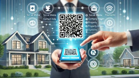 Real estate agent showcasing QR Digital Business Card with property listings and contact info
