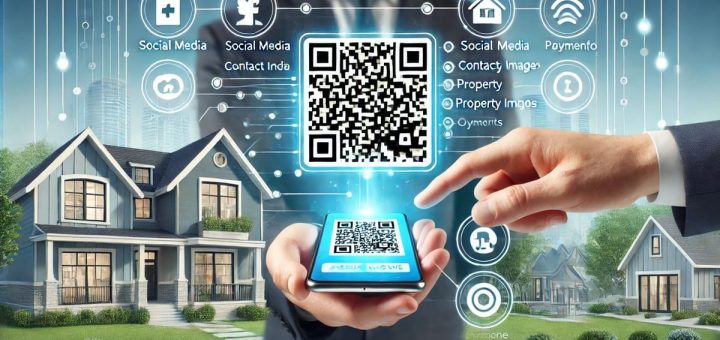 Real estate agent showcasing QR Digital Business Card with property listings and contact info