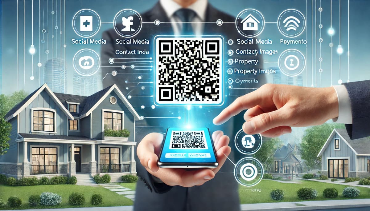 Real estate agent showcasing QR Digital Business Card with property listings and contact info