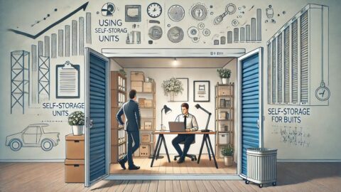 Entrepreneur setting up a creative workspace inside a self-storage unit