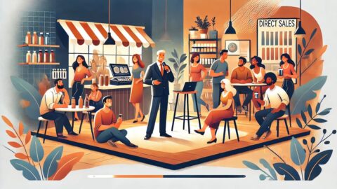 A vibrant illustration of a direct sales representative demonstrating products to a group at a social event." Image Title: "Direct Sales Success Guide