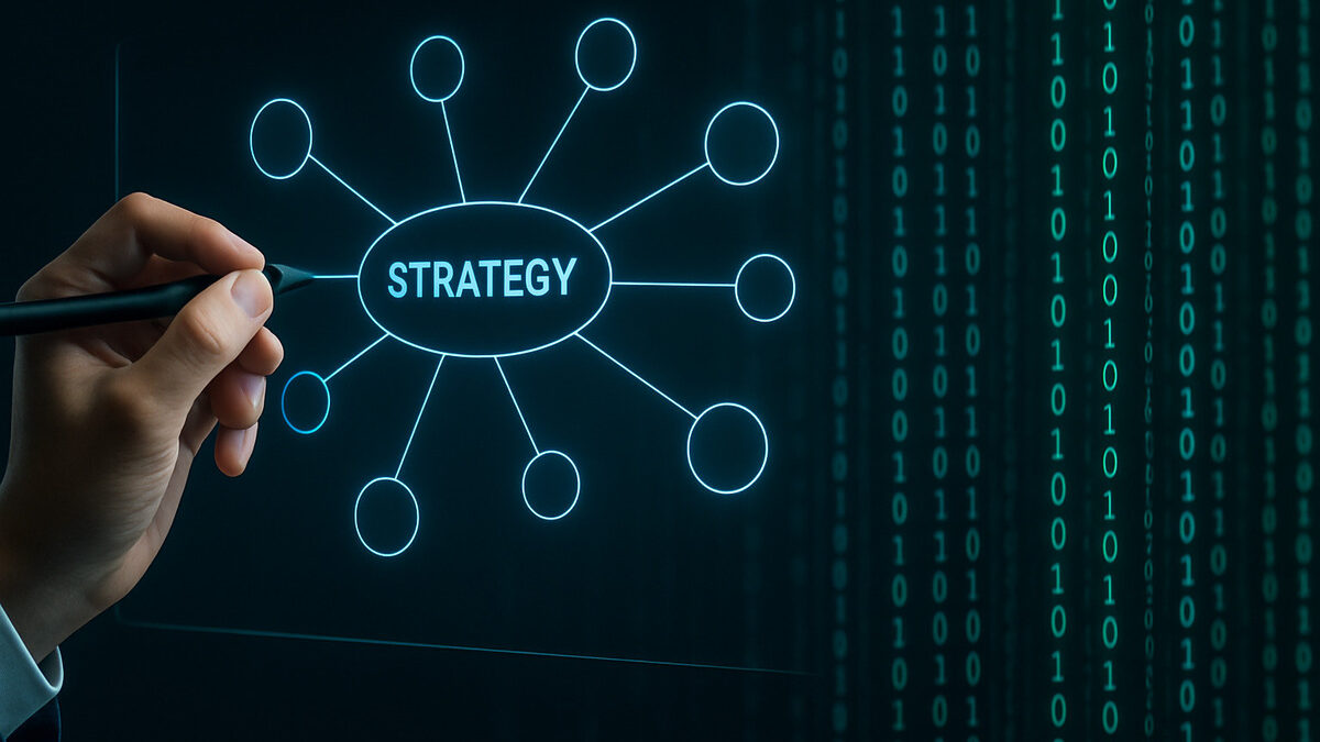 An SEO professional's hand drawing a strategic mind map over a background of binary code, illustrating the human element in People Also Ask SEO.