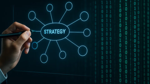 An SEO professional's hand drawing a strategic mind map over a background of binary code, illustrating the human element in People Also Ask SEO.