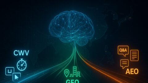 A conceptual image illustrating LLM Optimization, showing three data streams for CWV, GEO, and AEO converging into a central AI neural network.